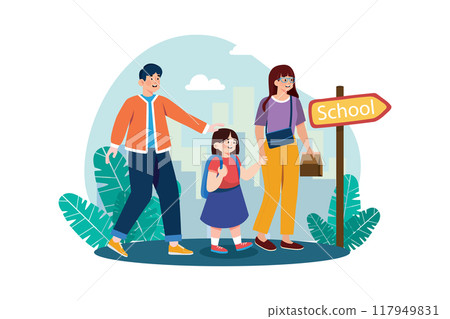 Parents take their children to school Illustration concept on white background Parents take their children to school Illustration concept on white background 117949831