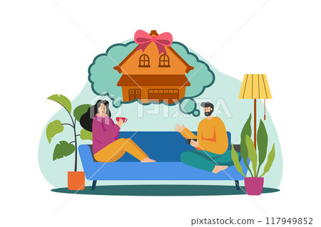 Couple sitting on the sofa thinking about new house Couple sitting on the sofa thinking about new house 117949852