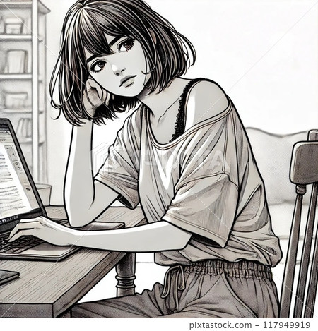 A woman using a computer is a little tired A woman using a computer is a little tired 117949919