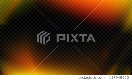 Light leak effect background. Exposed retro film overlay. Old saturated photo filter template. Vintage lens flare texture backdrop. Blurry gradient photographic wallpaper. Vector burn film effect 117949930