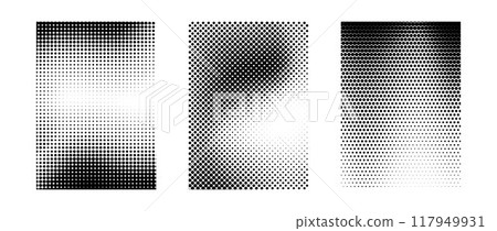 Grunge halftone gradient background set. White and black grit sand noise texture collection. Retro dotted pixelated raster backdrop pack. Comic polka dot overlay for banner, poster, print. Vector 117949931