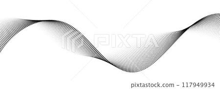 Dotted wave line background. Black halftone undulate pattern. Abstract flowing particle wave wallpaper. Curved dashed gradient net design element for poser, banner, presentation, booklet. Vector 117949934