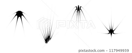 Black thin spiky element set. Abstract sharp thorn shapes and angular twinkles bundle. Futuristic spokes objects for poster, collage, banner, logo, card, icon, label, sticker, badge. Vector 117949939