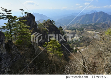 通往富士山的山脊道路上的岩石山峰上的櫻花村。 117949979