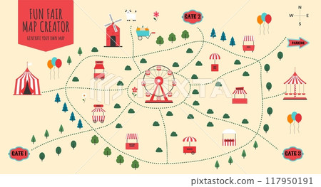 Fun fair and amusement park map creator. Carnival elements on festival map. Plan with ferris wheel, tent, carousel, street food stalls and other objects. Flat vector illustration Fun fair and amusement park map creator. Carnival elements on festival map. Plan with ferris wheel, tent, carousel, street food stalls and other objects. Flat vector illustration 117950191