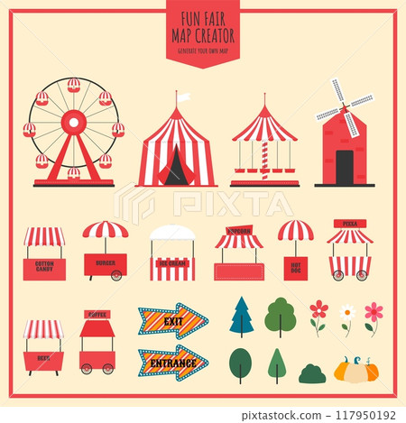 Fun fair, amusement park and carnival stickers. Ferris wheel, circus tent, carousel, street food stalls and other elements. Flat vector illustration 117950192
