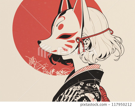 Illustration of a woman in a kimono wearing a fox mask 117950212
