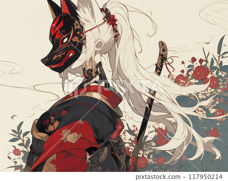 Illustration of a woman in a kimono wearing a fox mask 117950214