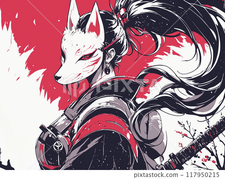 Illustration of a woman in a kimono wearing a fox mask 117950215