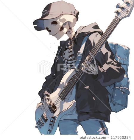 Illustration of a skeleton boy holding a guitar 117950224