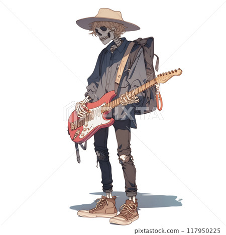 Illustration of a skeleton boy holding a guitar 117950225