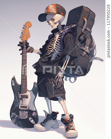 Illustration of a skeleton boy holding a guitar Illustration of a skeleton boy holding a guitar 117950228
