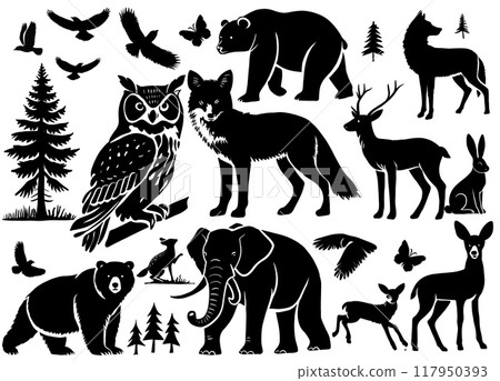 Silhouette forest and wildlife animals isolated on white background 117950393