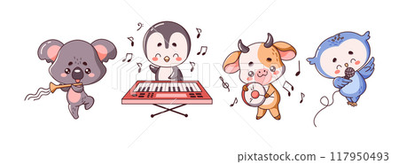 Animals at musical performances flat color vector illustrations Animals at musical performances flat color vector illustrations 117950493