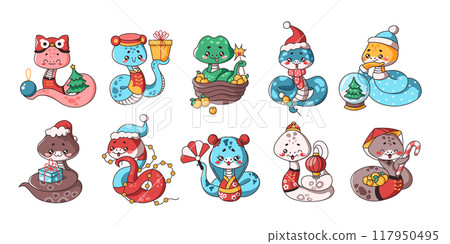 Kawaii snakes as new year mascot flat vector illustrations 117950495