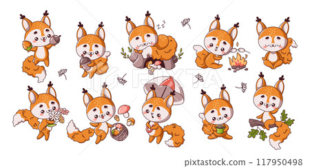 Little squirrels having fun flat vector illustration set Little squirrels having fun flat vector illustration set 117950498