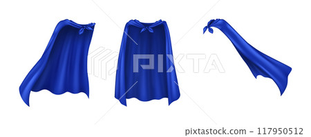 Hero blue silk cloaks realistic vector illustration set Hero blue silk cloaks realistic vector illustration set 117950512