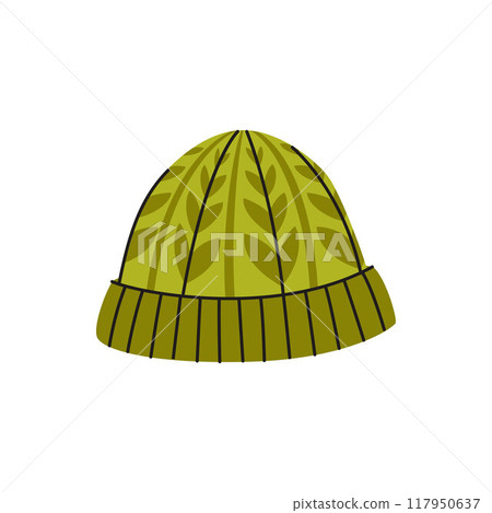 Autumn cozy knitted green hat. Stylish outwear for fall season. Vector flat illustration. Outwear for cold weather Autumn cozy knitted green hat. Stylish outwear for fall season. Vector flat illustration. Outwear for cold weather 117950637