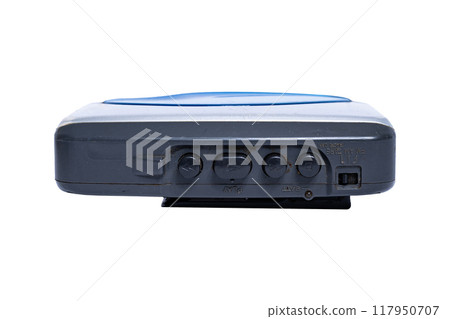 Old silver cassette player. Used. Isolated on transparent background Old silver cassette player. Used. Isolated on transparent background 117950707