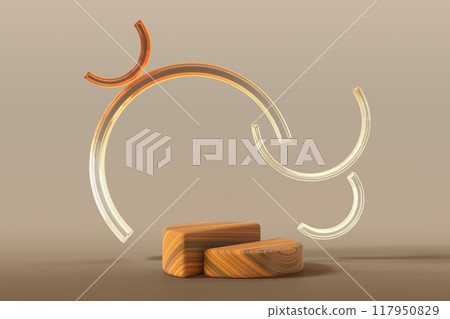 3d wooden half cylinder product podium display with glass geometric shapes on beige wall background render. Natural wood step pedestal platform with abstract crystal gradient circles. 3D illustration 3d wooden half cylinder product podium display with glass geometric shapes on beige wall background render. Natural wood step pedestal platform with abstract crystal gradient circles. 3D illustration 117950829