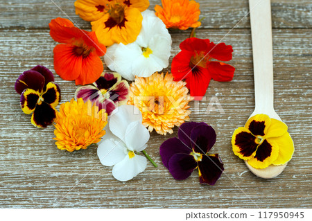 Vibrant display of edible flowers (nasturtium, calendula, pansy) on a wooden table with a spoon. Vibrant display of edible flowers (nasturtium, calendula, pansy) on a wooden table with a spoon. 117950945