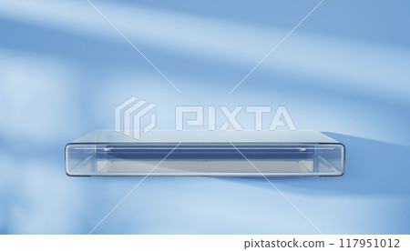 3d glass transparent clear shelf on light blue wall background render. Bathroom or kitchen interior product podium. Empty crystal pedestal in restroom, plastic goods display stand. 3D illustration 117951012