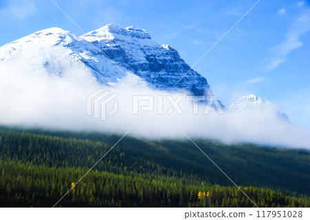 Mount Stephen in Yoho national park with a cloud around it and green with yellow autumn forest in the foothill. 117951028