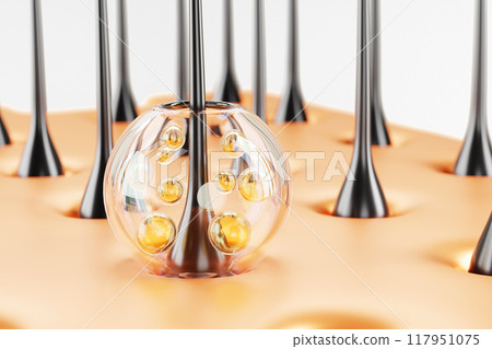 3d hair care render macro background. Scalp with follicle and oil vitamin serum or shampoo, liquid transparent drop with gold bubbles. Cosmetic banner, treatment and repair concept. 3D illustration 117951075