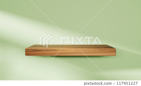 3d wooden shelf on green wall background with light and shadow render. Living room or kitchen interior product podium. Natural empty wood bookshelf mockup for goods display in library. 3D illustration 117951227