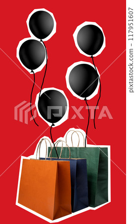 A red background with black balloons and bags 117951607