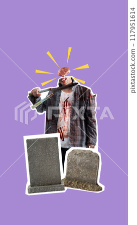 A man with a bloody head is holding a gun and standing in front of a cemetery A man with a bloody head is holding a gun and standing in front of a cemetery 117951614