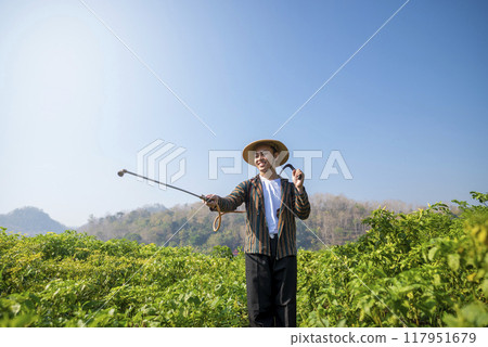 An Indonesian farmer man in a hat is holding a pesticide spray and standing in a field of chili plants 117951679