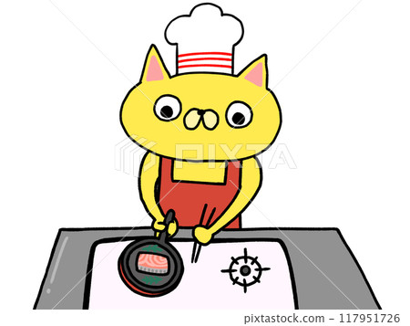 Cat grilling salmon Cat grilling salmon 117951726
