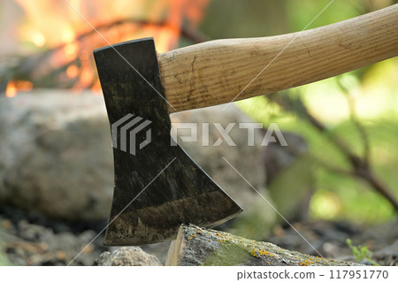 Hatchet lodged in a log of wood, situated opposite a campfire Hatchet lodged in a log of wood, situated opposite a campfire 117951770
