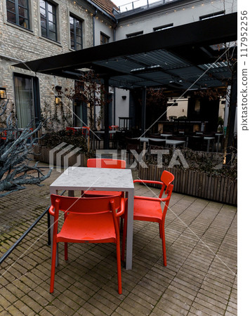 Empty street cafe in the city Empty street cafe in the city 117952256