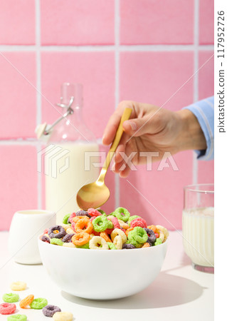 Colorful cornflakes, concept of tasty breakfast, morning food 117952726