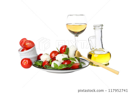 PNG,Caprese salad in a bowl with oil, isolated on white background 117952741
