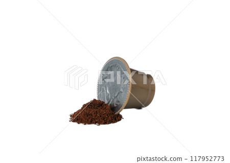 PNG, Golden coffee capsule and ground coffee beans, isolated on white background 117952773