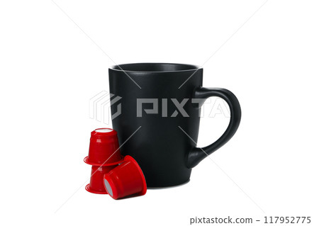 PNG, Red coffee capsules and black cup, isolated on white background 117952775