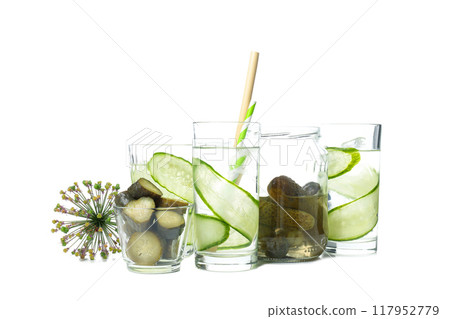 PNG, Brine cocktail in glasses and pickles in glass jar, isolated on white background 117952779