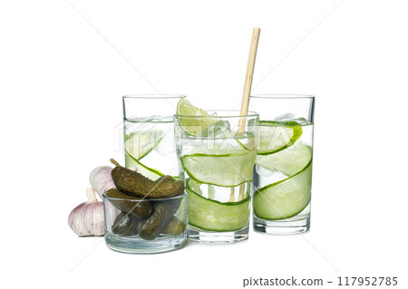 PNG, Brine cocktail in glasses, pickles and garlic, isolated on white background 117952785