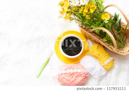 Coffee morning. Yellow steaming cup of hot coffee for relax Coffee morning. Yellow steaming cup of hot coffee for relax 117953211