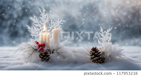 Frost flower Christmas tree and ornaments in the snow 117953216
