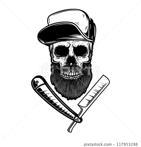 Bearded skull with barber razor. Design element for logo, label, sign, emblem. Vector illustration 117953298