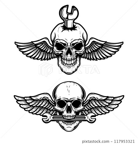 Winged skull with wrench. Design element for logo, label, sign. Vector illustration Winged skull with wrench. Design element for logo, label, sign. Vector illustration 117953321