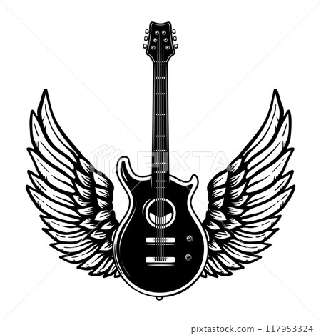 Illustration of winged rock guitar. Design element for logo, label, sign. Vector illustration 117953324