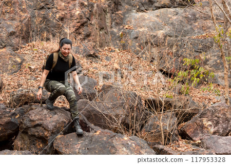 Hiker asian woman backpack walking trail activity camping outdoors Hiker asian woman backpack walking trail activity camping outdoors 117953328