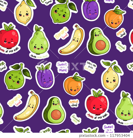 Seamless pattern with cute kawaii cartoon fruits and berries characters on purple background with funny phrases. Vector illustration 117953404