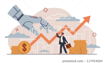 Bionic hand with business people. Successful human collaboration with artificial intelligence, growing schedules, price chart, cartoon flat isolated nowaday vector investment concept 117954004