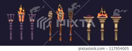 Burning torch. Fiery, smoldering and extinguished antique lighting fixtures, metal, wooden and stone shelves with fire, ancient castle lights cartoon flat style isolated tidy vector set 117954005